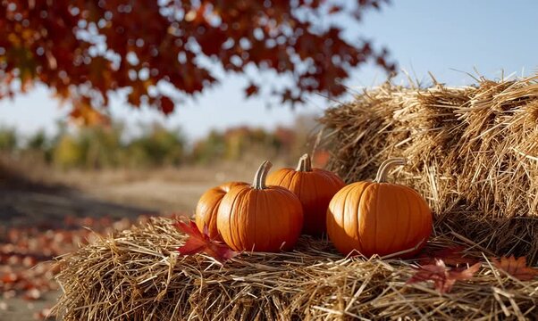 a rustic fall scene featuring bright orange pumpkins resting on golden hay bales, scattered fallen maple leaves with vivid red and orange tones, and dried wheat stalks swaying in a gentle breeze