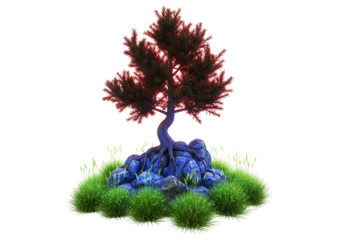 A vibrant, digitally rendered bonsai tree, with deep crimson foliage, sits atop a bed of textured, light teal rocks and bright emerald grass against a stark black background.