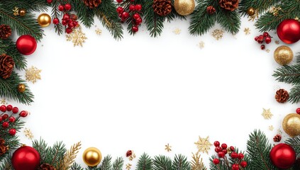 Festive Christmas Frame with Green Pine Branches Red and Gold Ornaments and Gold Snowflakes
