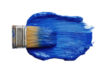 Close-up of a paintbrush dipped in vibrant blue paint, with a smear of the color