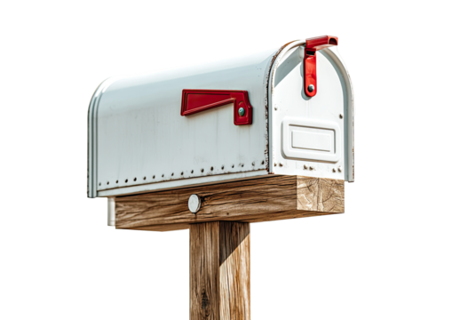 White mailbox with red accent on a wooden post