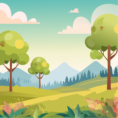 Obraz premium Lush Forest with Grassy Hill for Scenic Landscape, Watercolor Botanical Illustration for Architectural Design, Autumn Garden Environment with Blooming Trees and Plant Elements