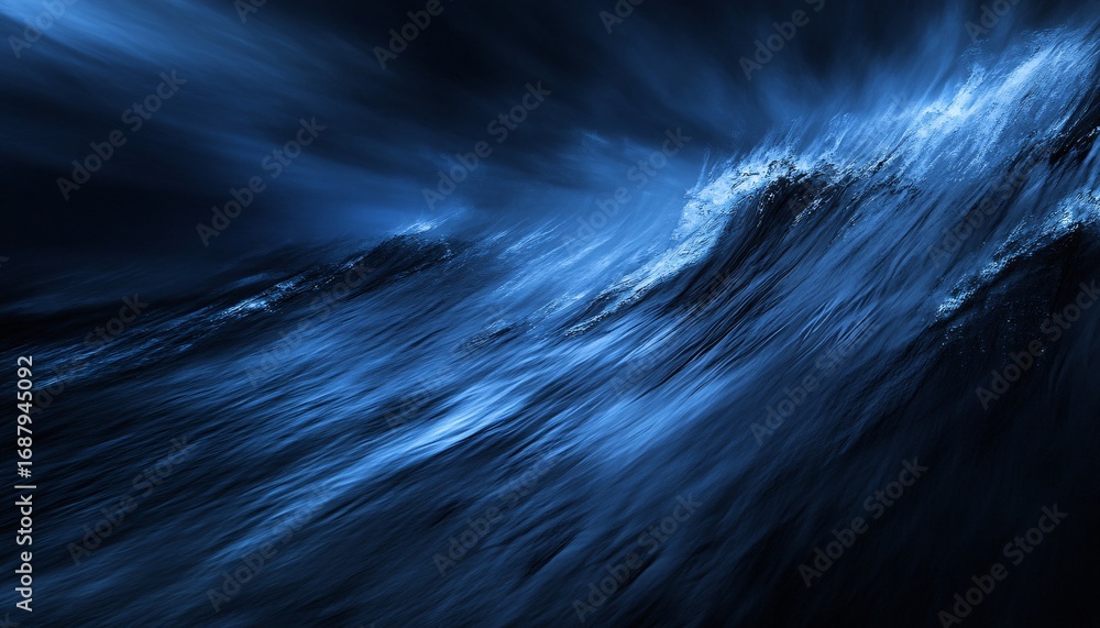 Poster the illustration shows a dynamic ocean scene with large waves in shades of dark blue, depicted with 