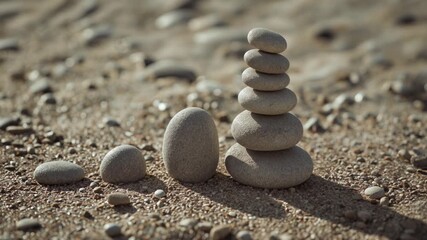 Tranquil Zen Stone Stacks on a Sandy Beach