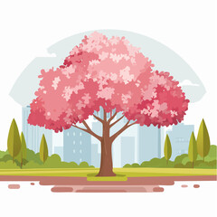 Sakura or pink cherry blossom, Vector watercolor blooming flower tree or forest side view isolated on white background for landscape and architecture drawing,elements for environment or and gard