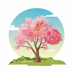 Sakura or pink cherry blossom, Vector watercolor blooming flower tree or forest side view isolated on white background for landscape and architecture drawing,elements for environment or and gard