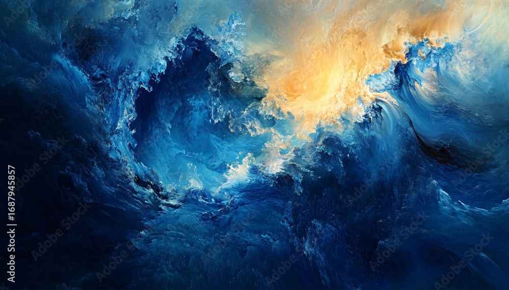 Poster the illustration shows a dynamic interplay of blue and gold abstract waves, creating a sense of dept