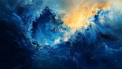 Fototapeta premium The illustration shows a dynamic interplay of blue and gold abstract waves, creating a sense of depth and movement.
