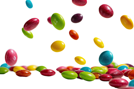 Colorful candy, oval and round, falling and piled