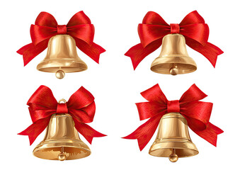 Four gold bells, each with a red ribbon bow