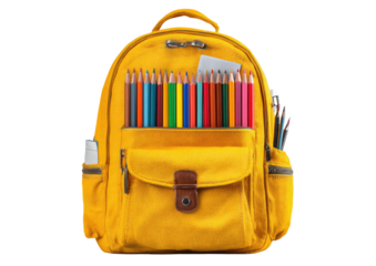 A bright yellow backpack filled with colorful pencils and school supplies