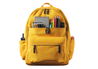 Full yellow backpack, school supplies inside