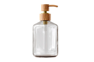 Fototapeta premium Clear rectangular glass soap dispenser with a light brown wooden pump top