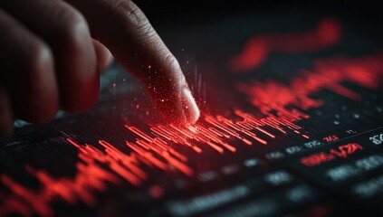 A hand points at a fluctuating red line graph on a dark screen. Digital data analysis