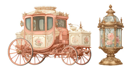 Vintage Carriage with Ornate Design and Elegant Lantern on Transparent Background