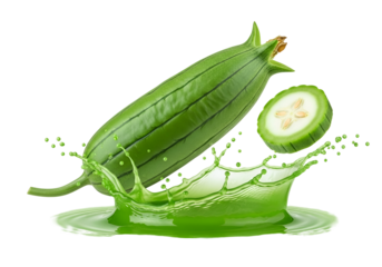 A vibrant green luffa fruit with a juicy splash of its extracted juice, showcasing a sliced section.