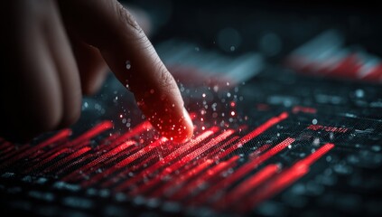 A finger interacts with a glowing red data visualization, emphasizing points on a dark screen