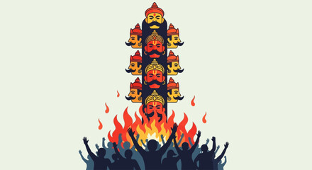 A stylized illustration depicts the burning of a multi-headed effigy, representing Ravana, amidst a celebratory crowd with arms raised in triumph during a festival.