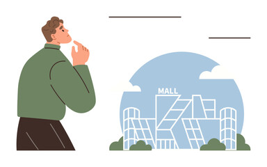 Man thinking while facing a modern architectural mall with a geometric glass facade and surrounding greenery. Ideal for decision-making, shopping, consumer behavior, modern architecture, urban