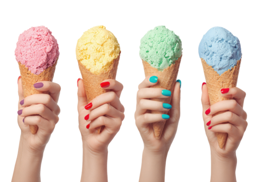 Four hands, each holding an ice cream cone, showcasing colorful ice cream scoops and matching nail polish