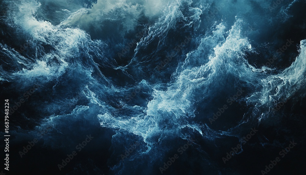 Poster the illustration shows a detailed close-up view of dark blue ocean waves with white foam, creating a