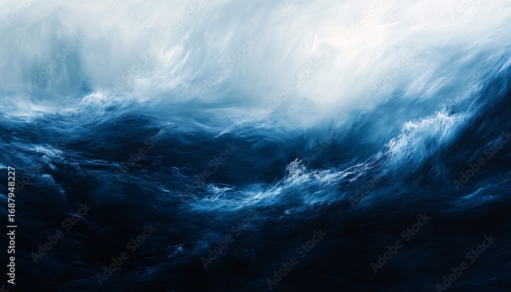Poster the image shows an abstract painting of stylized ocean waves with varying shades of blue and white, 