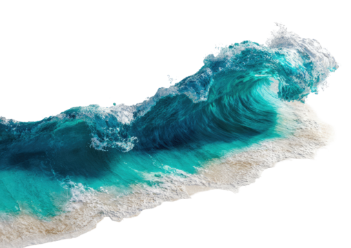 Powerful turquoise wave cresting, foamy white,  over sandy beach, dramatic