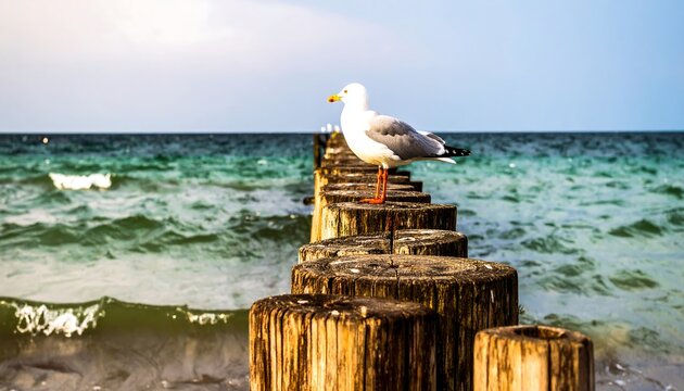 Seagull on wooden groynes