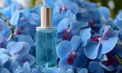 The product bottle stands among blue orchid flowers. Blue orchids cover all of the background.