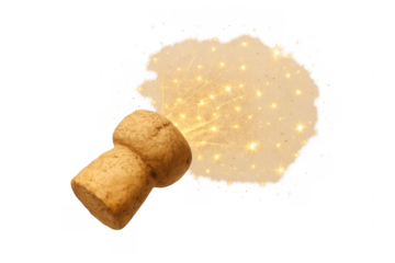Champagne cork exploding with golden sparkles on transparent background