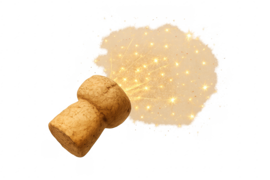 Champagne cork exploding with golden sparkles on transparent background