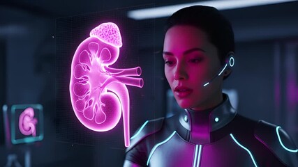 A dedicated professional in futuristic healthcare meticulously studies a vibrant holographic kidney, integrating cutting-edge technology for advanced medical diagnostics and biological insights