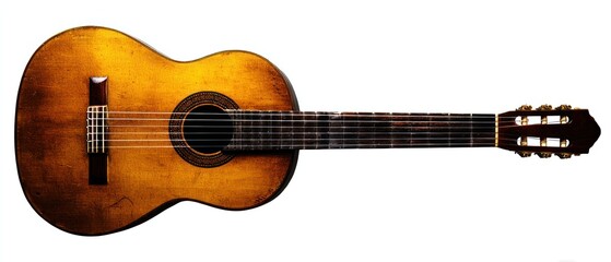 Classic guitar in golden brown tones, showcasing aged wood with visible wear and patina against a bright white background