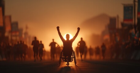 Silhouette of wheelchair racer with arms raised against sunset; blurry runners and road