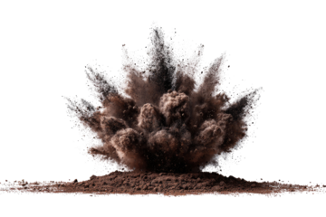 Powerful explosion of brown and gray dust against a black background, emanating from a mound of brown earth