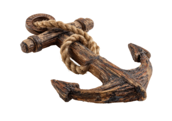 Close-up of a weathered wooden anchor with rope