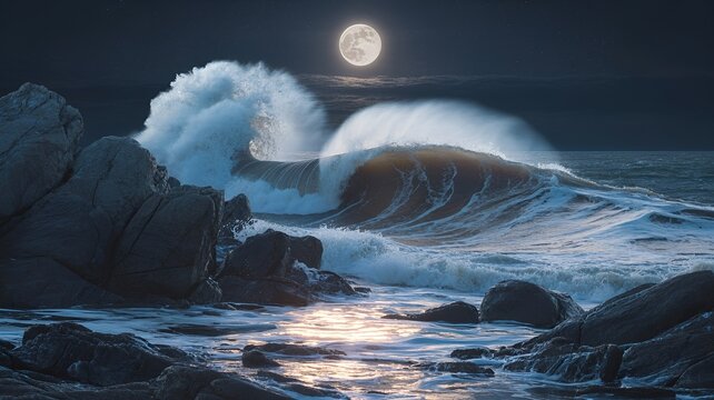 Moonlit waves crashing onto a rocky shore.