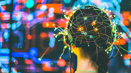 Person Wearing VR Headset with Illuminated Neural Network Overlay