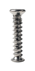 Close-up of a metal screw with a threaded shaft and a flat head