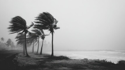 Bleak seaside view of palm trees in black and white, blown by strong winds and rain