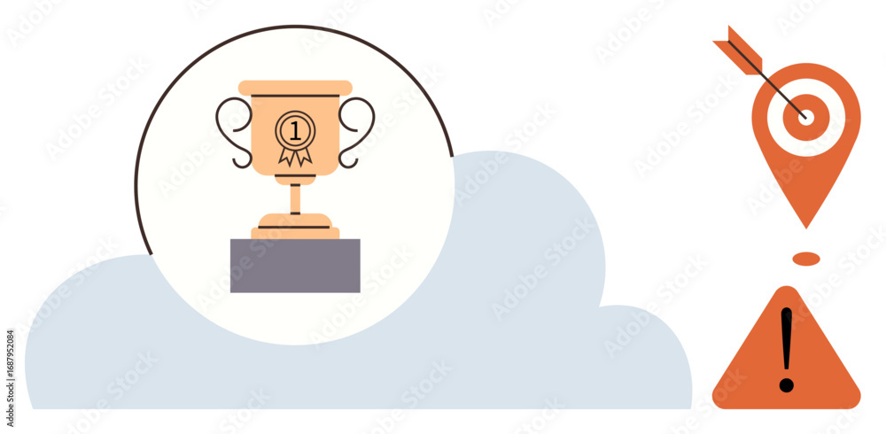 Poster golden trophy with a number one badge on a pedestal inside a cloud. navigation pin features a bullse