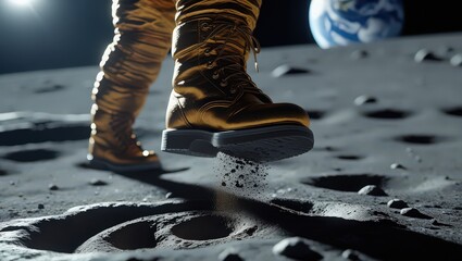 Golden boot stepping on lunar surface with earth visible in the background in space exploration scene