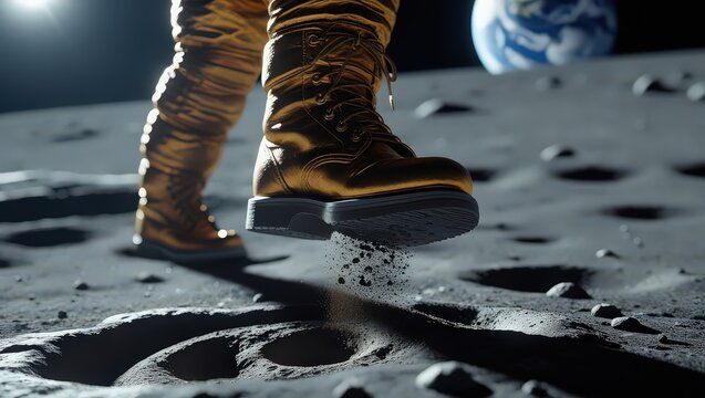 Golden boot stepping on lunar surface with earth visible in the background in space exploration scene