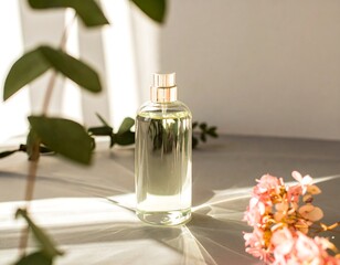 Elegant perfume bottle, sunlight & nature