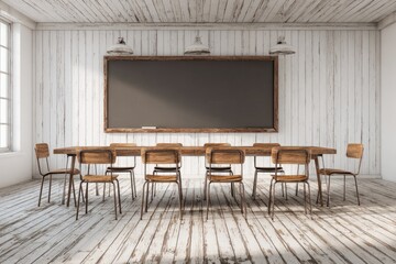 Light-filled room with long table and chairs, blank chalkboard