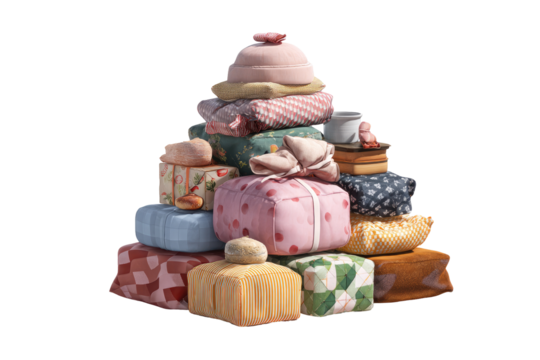 A towering stack of colorful, wrapped gifts.  Layered presents, pastel colors,  cute patterns.  Small, decorative objects atop.  3D rendering style