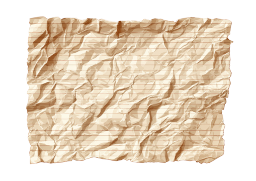 Crinkled, lined, tan paper.  Frayed edges.  A textured, aged, rectangular sheet of paper, wrinkled and creased, with faint horizontal lines