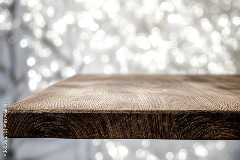 Poster display table against blurred lights gives bokeh effect and soft background