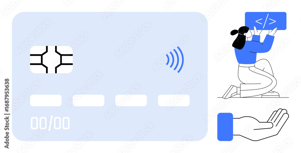 Poster nfc-enabled card, woman with coding screen, and hand gesture emphasizing digital payment, developmen