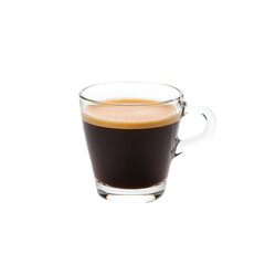Espresso in Glass: A Rich, Dark Brew with Crema, Perfect for Mornings.  Enjoy the Transparent Background.